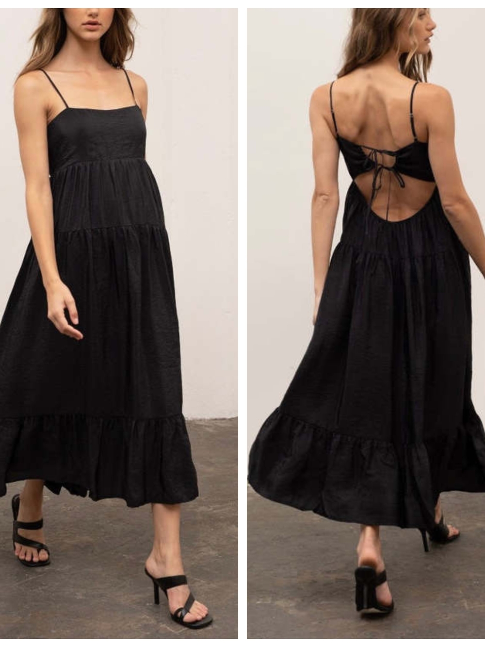 MOON RIVER OPEN BACK THIN STRAP MIDI DRESS BLACK